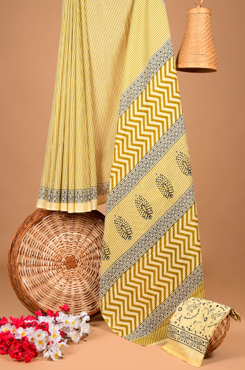 Traditional Printed Cotton Saree with Matching Blouse