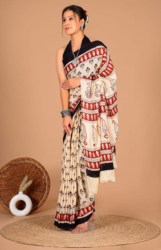Traditional Printed Cotton Saree with Matching Blouse