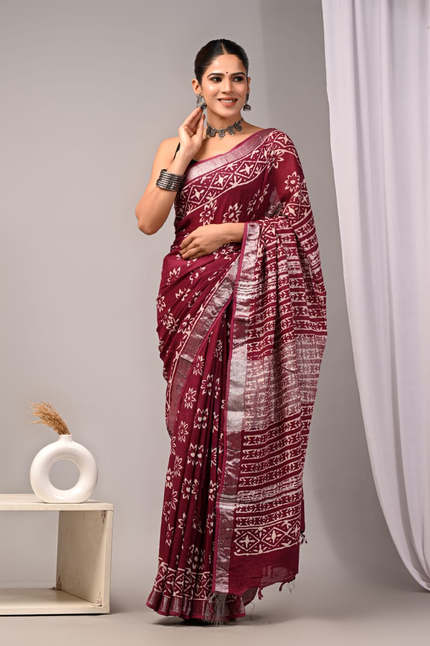 Premium Pure Linen Saree with Elegant Purple–White Print & Silver Border