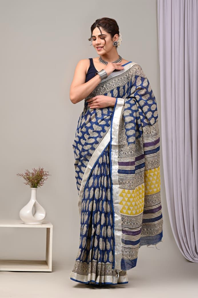 Elegant Linen Printed Saree with Premium Woven Zari Border