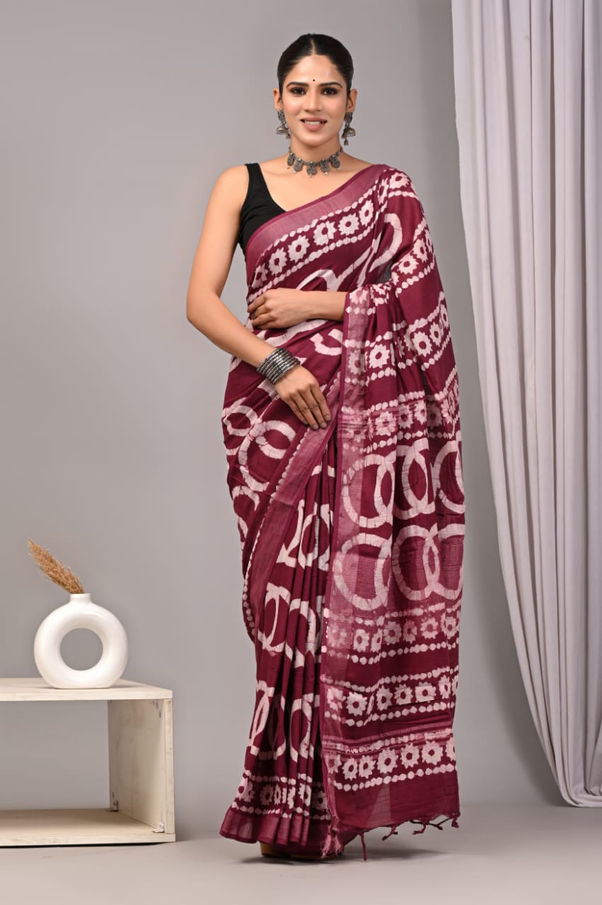 Elegant Black & White Tie-Dye Pure Linen Saree With Silver Border