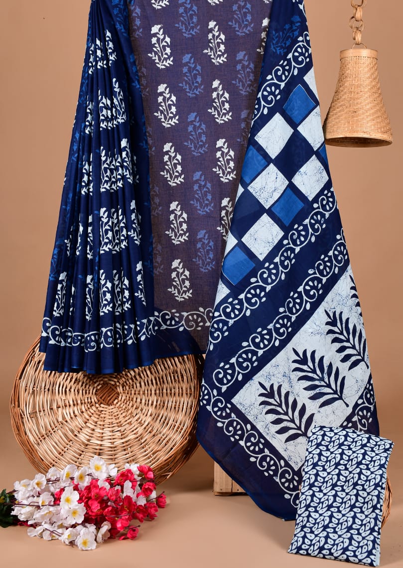 Traditional Printed Cotton Saree with Matching Blouse