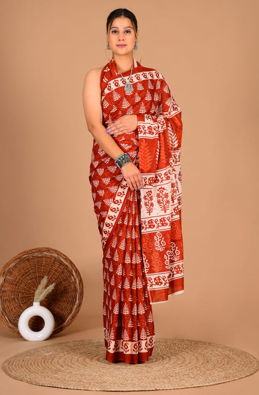 Traditional Block Print Soft Cotton Blend Saree with Matching Blouse