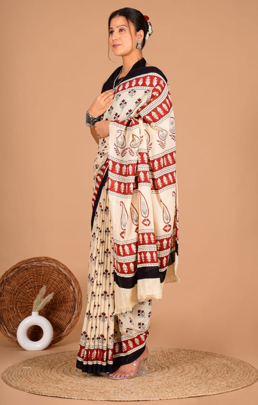 Traditional Printed Cotton Saree with Matching Blouse