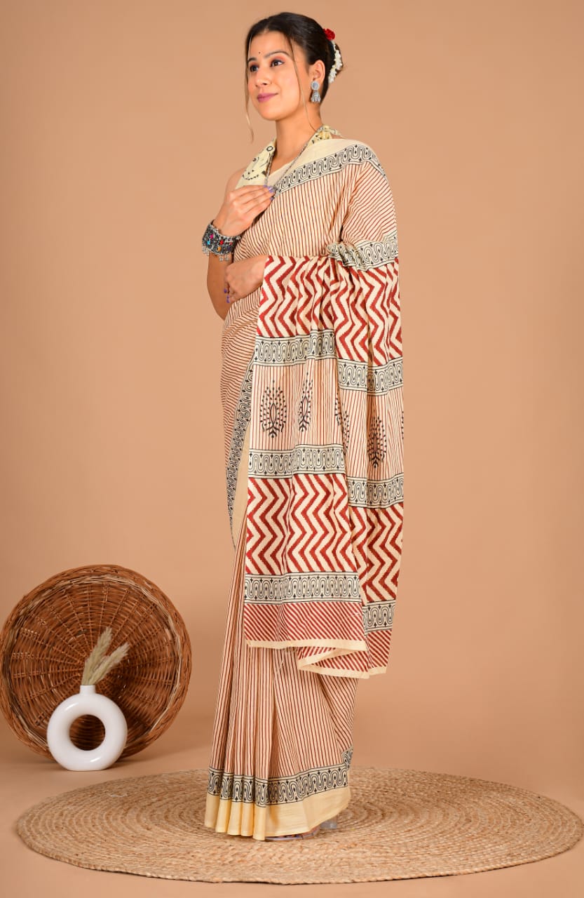 Traditional Printed Cotton Saree with Matching Blouse