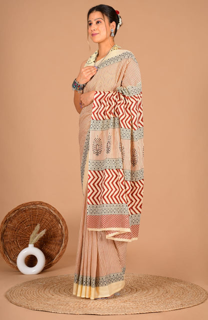 Traditional Printed Cotton Saree with Matching Blouse