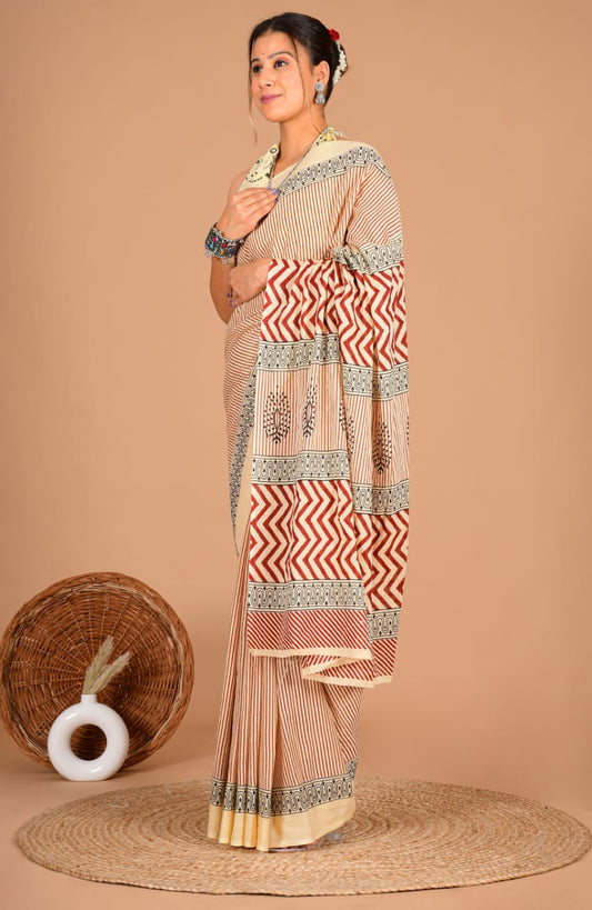 Traditional Printed Cotton Saree with Matching Blouse