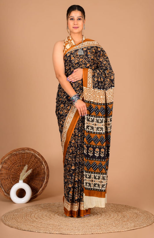Traditional Printed Cotton Saree with Matching Blouse