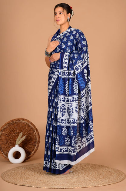 Traditional Block Print Soft Cotton Blend Saree with Matching Blouse