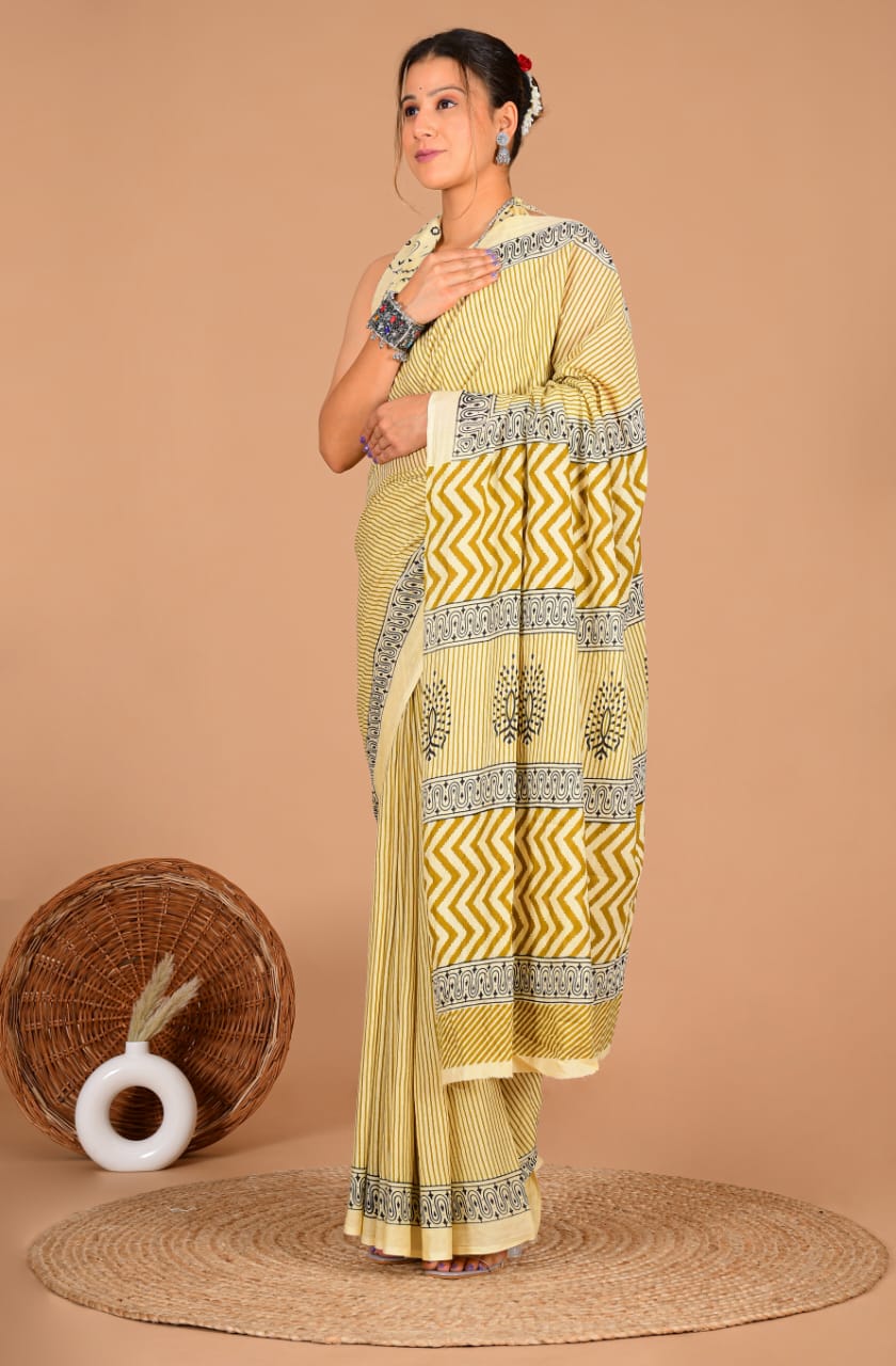 Traditional Printed Cotton Saree with Matching Blouse