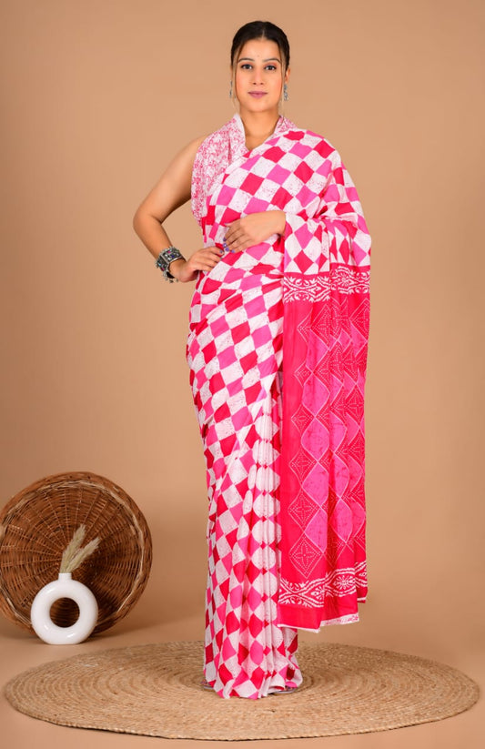 Traditional Printed Cotton Saree with Matching Blouse