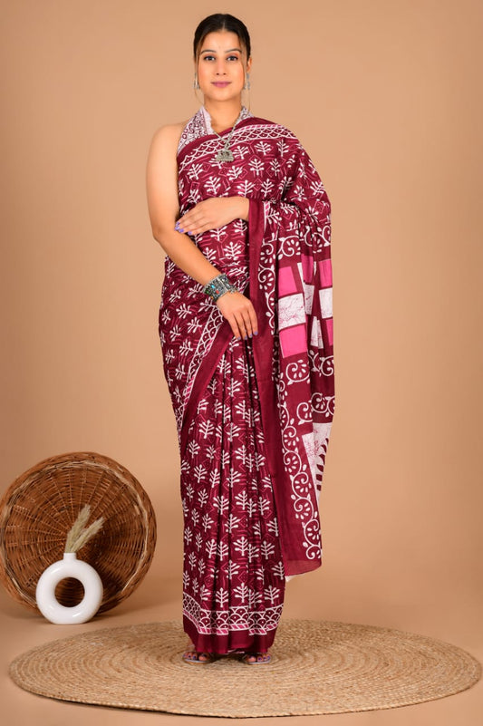 Traditional Printed Cotton Saree with Matching Blouse