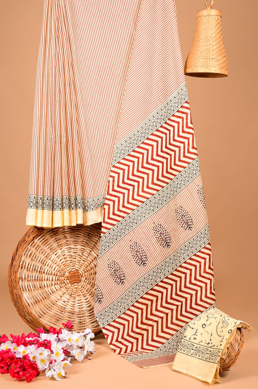 Traditional Printed Cotton Saree with Matching Blouse