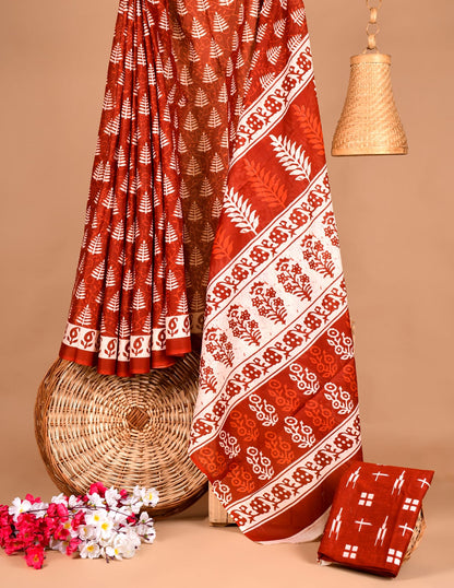 Traditional Block Print Soft Cotton Blend Saree with Matching Blouse