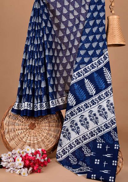 Traditional Block Print Soft Cotton Blend Saree with Matching Blouse