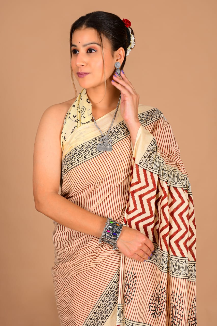 Traditional Printed Cotton Saree with Matching Blouse