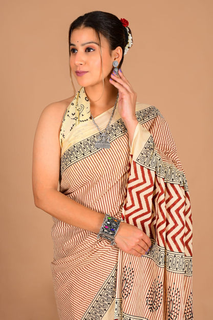 Traditional Printed Cotton Saree with Matching Blouse