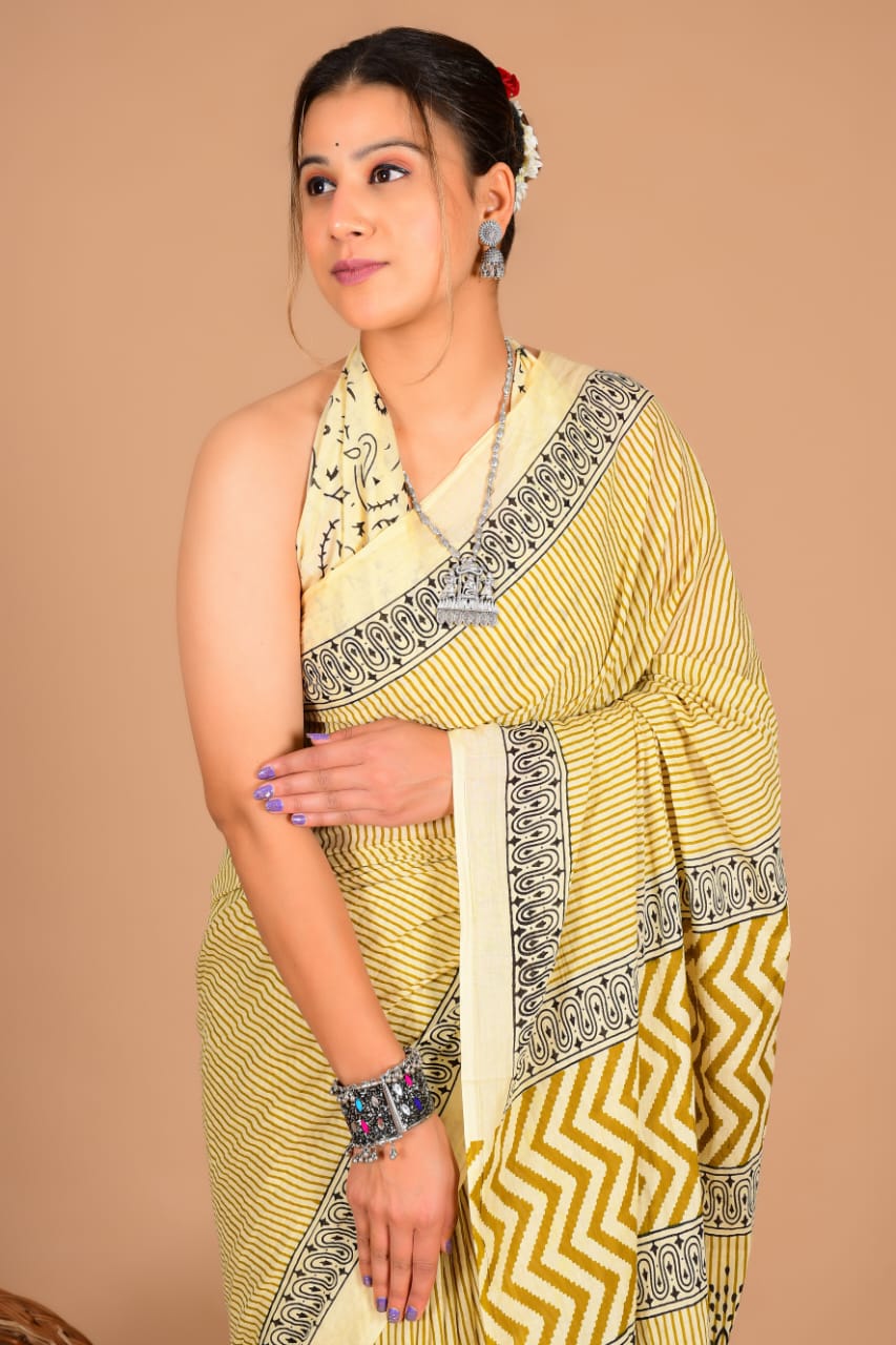 Traditional Printed Cotton Saree with Matching Blouse