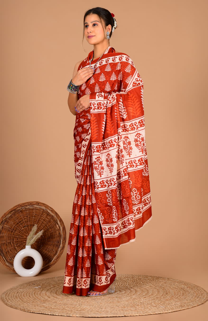 Traditional Block Print Soft Cotton Blend Saree with Matching Blouse