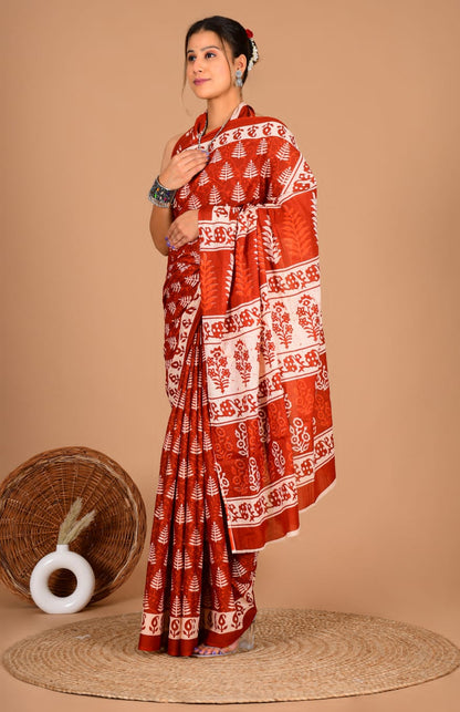Traditional Block Print Soft Cotton Blend Saree with Matching Blouse