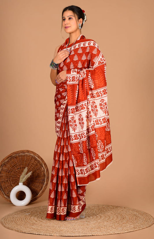 Traditional Block Print Soft Cotton Blend Saree with Matching Blouse