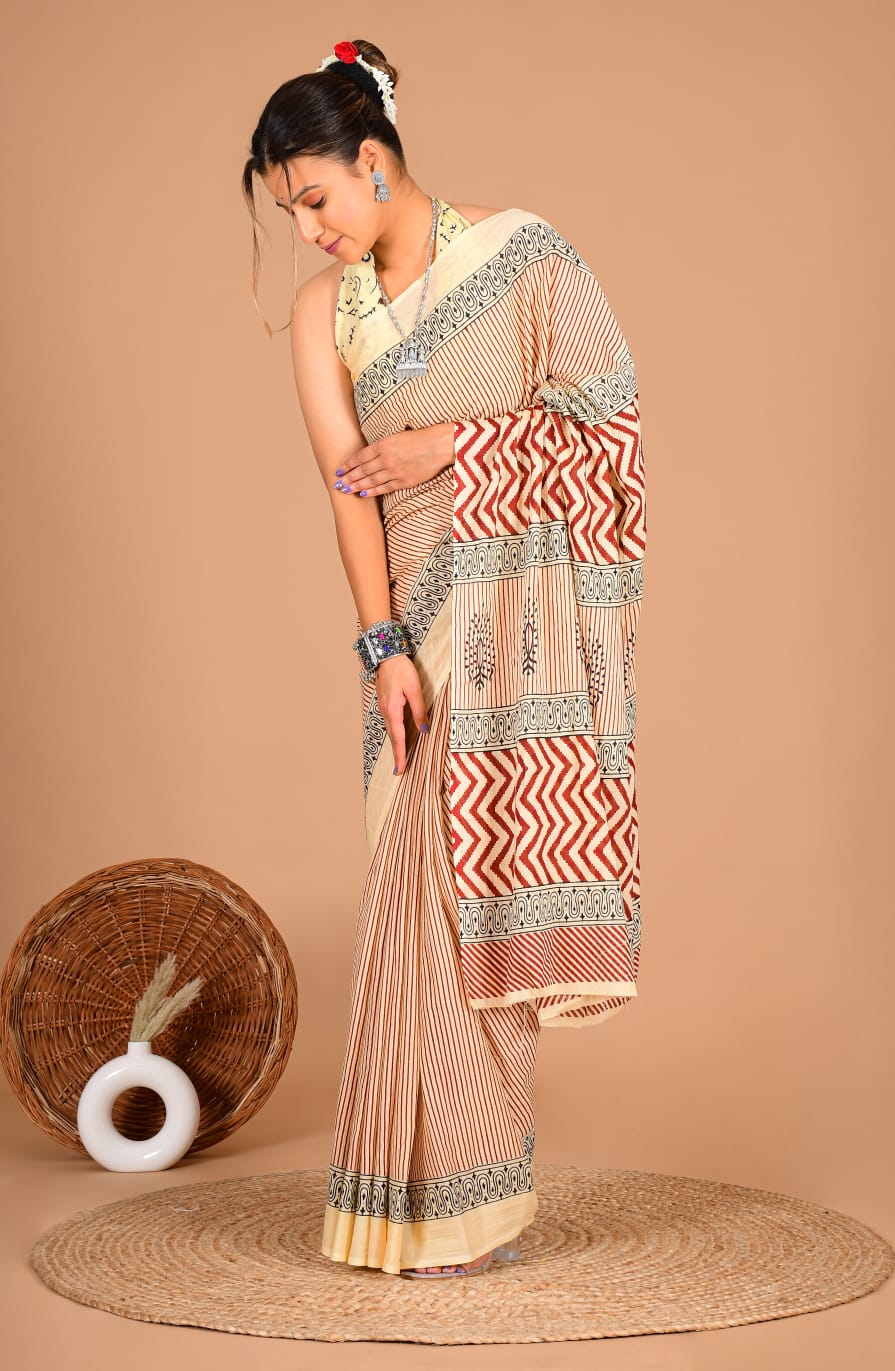 Traditional Printed Cotton Saree with Matching Blouse