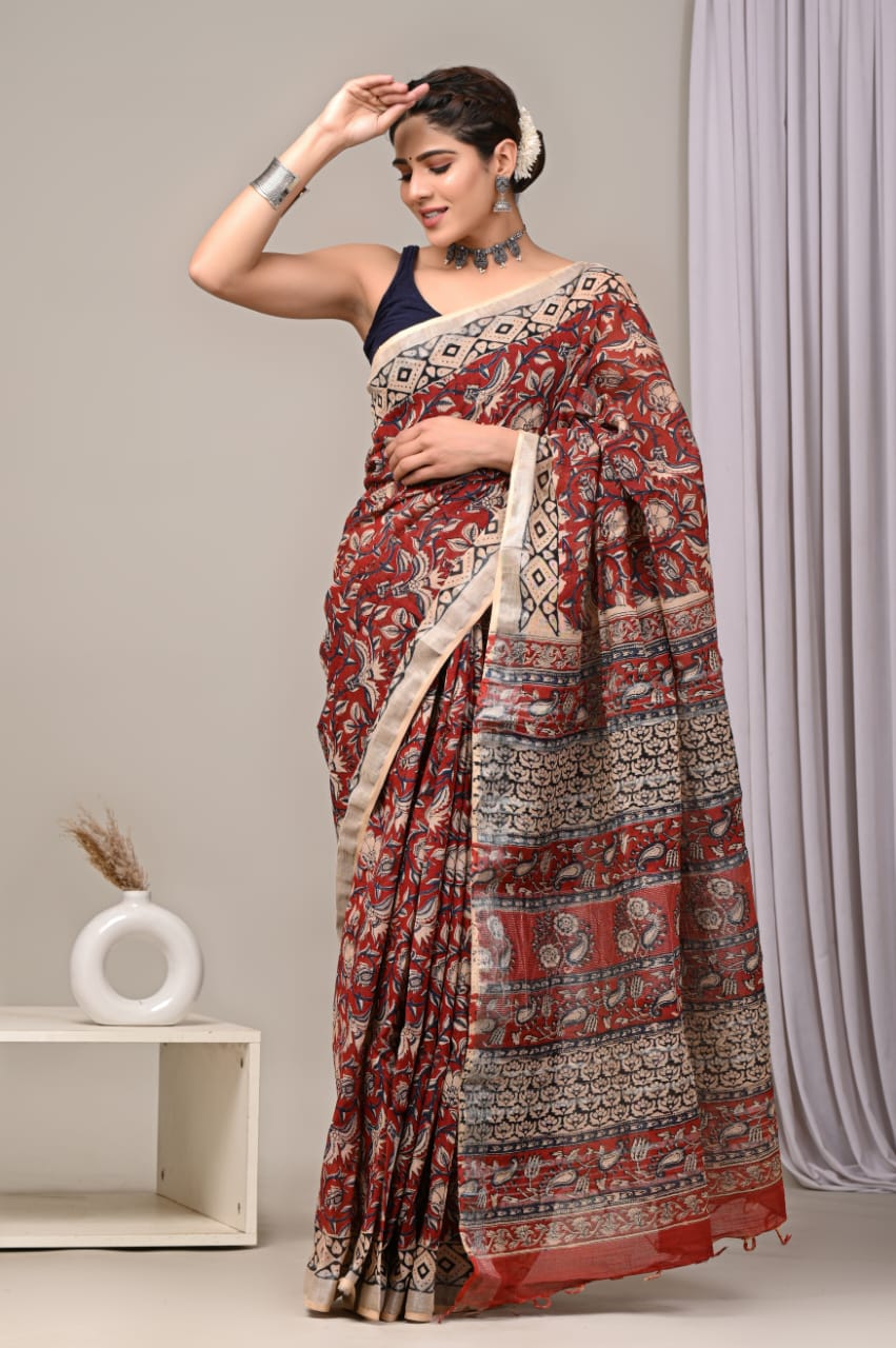 Premium Printed Linen Saree with Elegant Traditional Border
