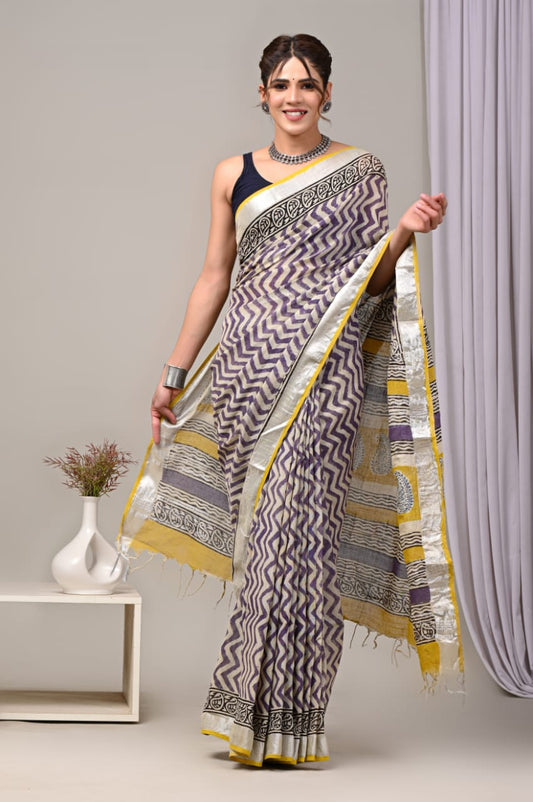 Premium Printed Linen Saree with Elegant Traditional Border