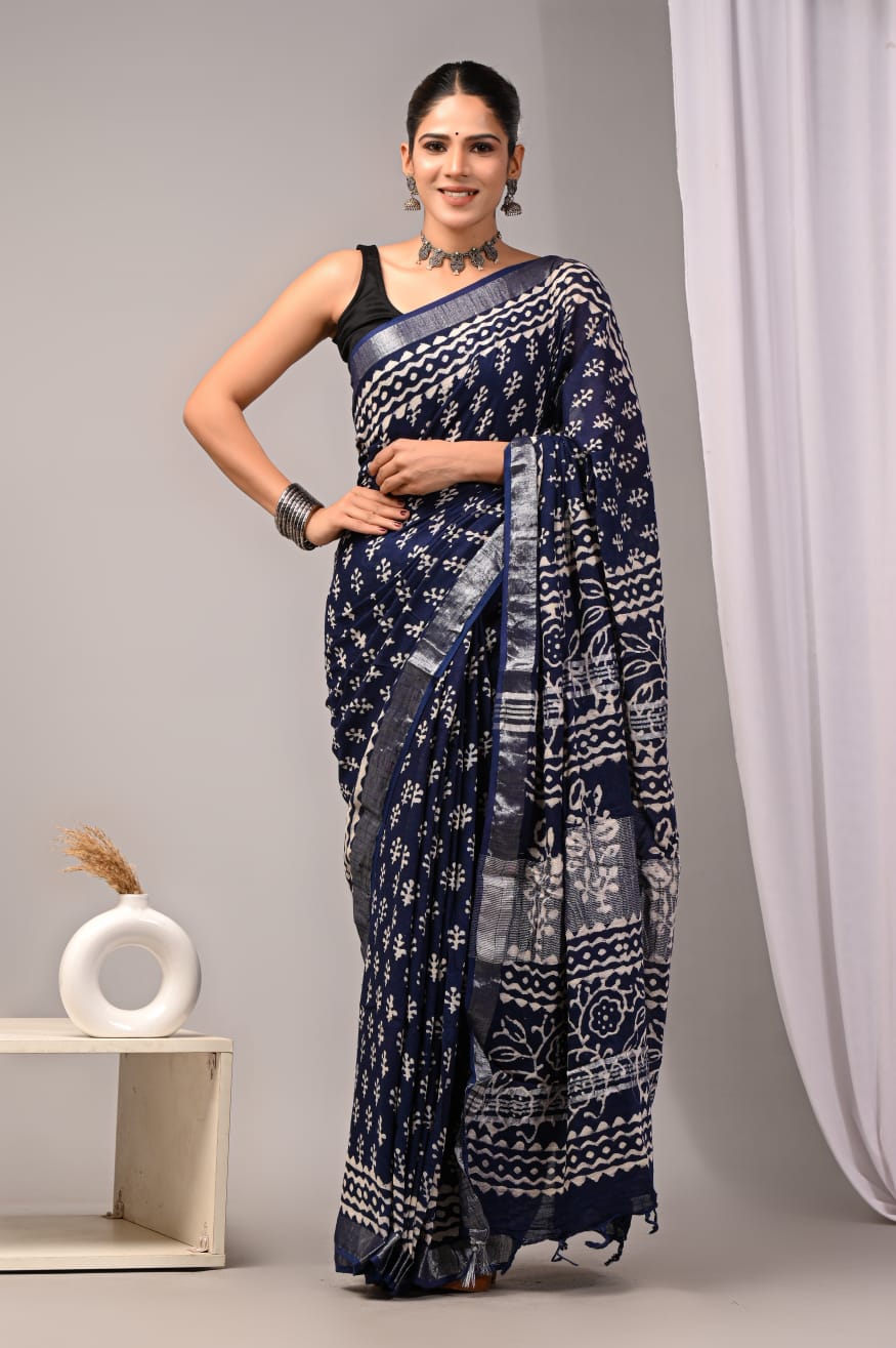 Elegant Printed Linen Saree with Traditional Ethnic Motifs