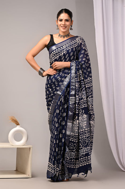 Elegant Printed Linen Saree with Traditional Ethnic Motifs