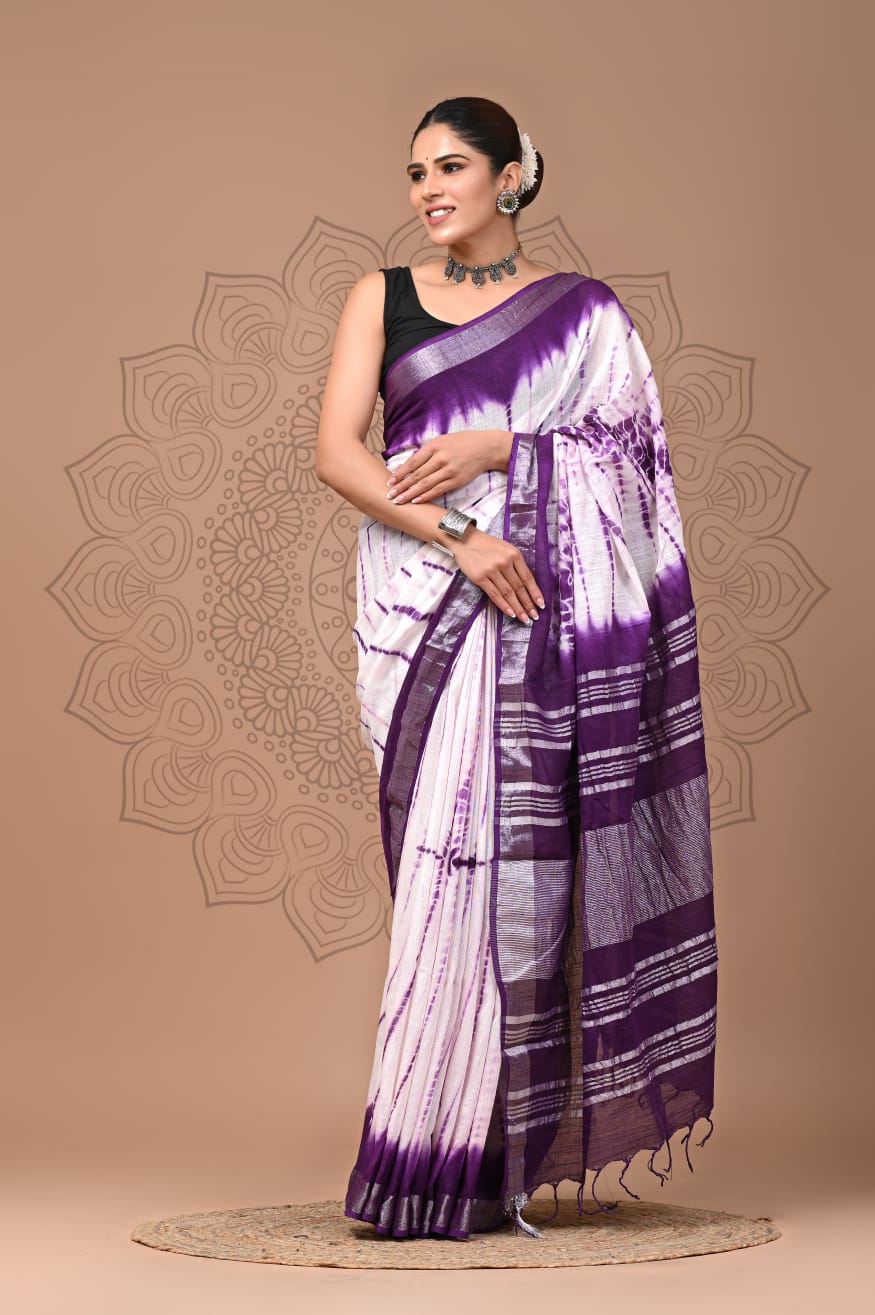 Elegant Printed Linen Saree with Traditional Ethnic Motifs