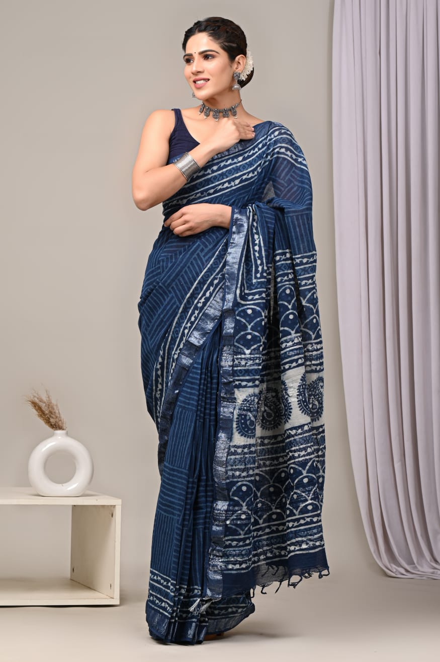 Elegant Printed Linen Saree with Traditional Ethnic Motifs