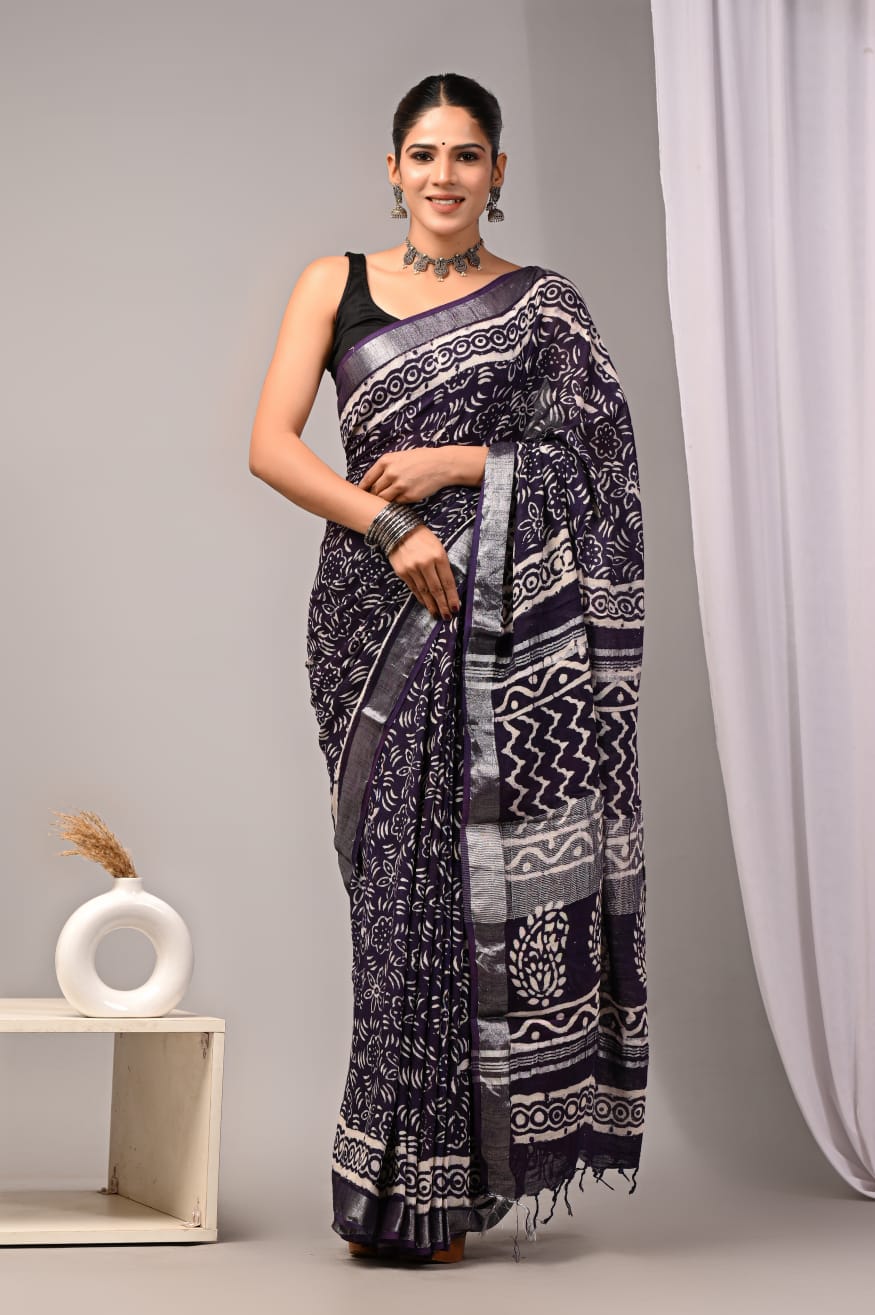 Premium Pure Linen Saree with Elegant Purple–White Print & Silver Border