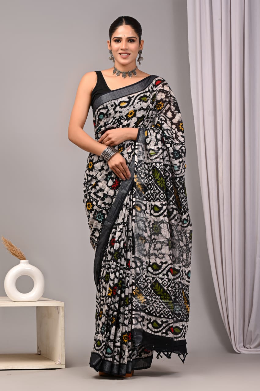 Elegant Linen Printed Saree with Premium Woven Zari Border