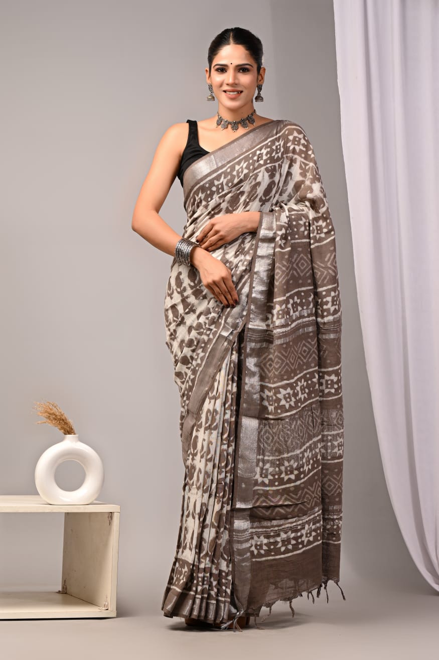 Elegant Black & White Tie-Dye Pure Linen Saree With Silver Border