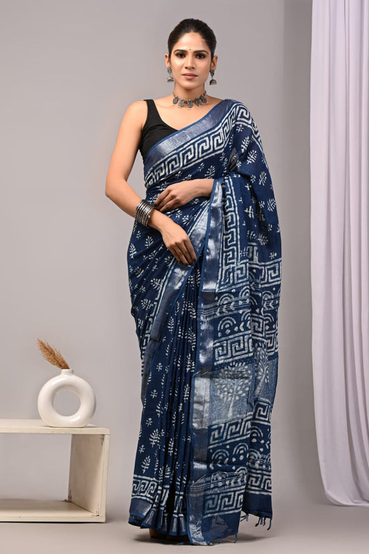 Premium Linen Saree with Silver Border & Handblock Print