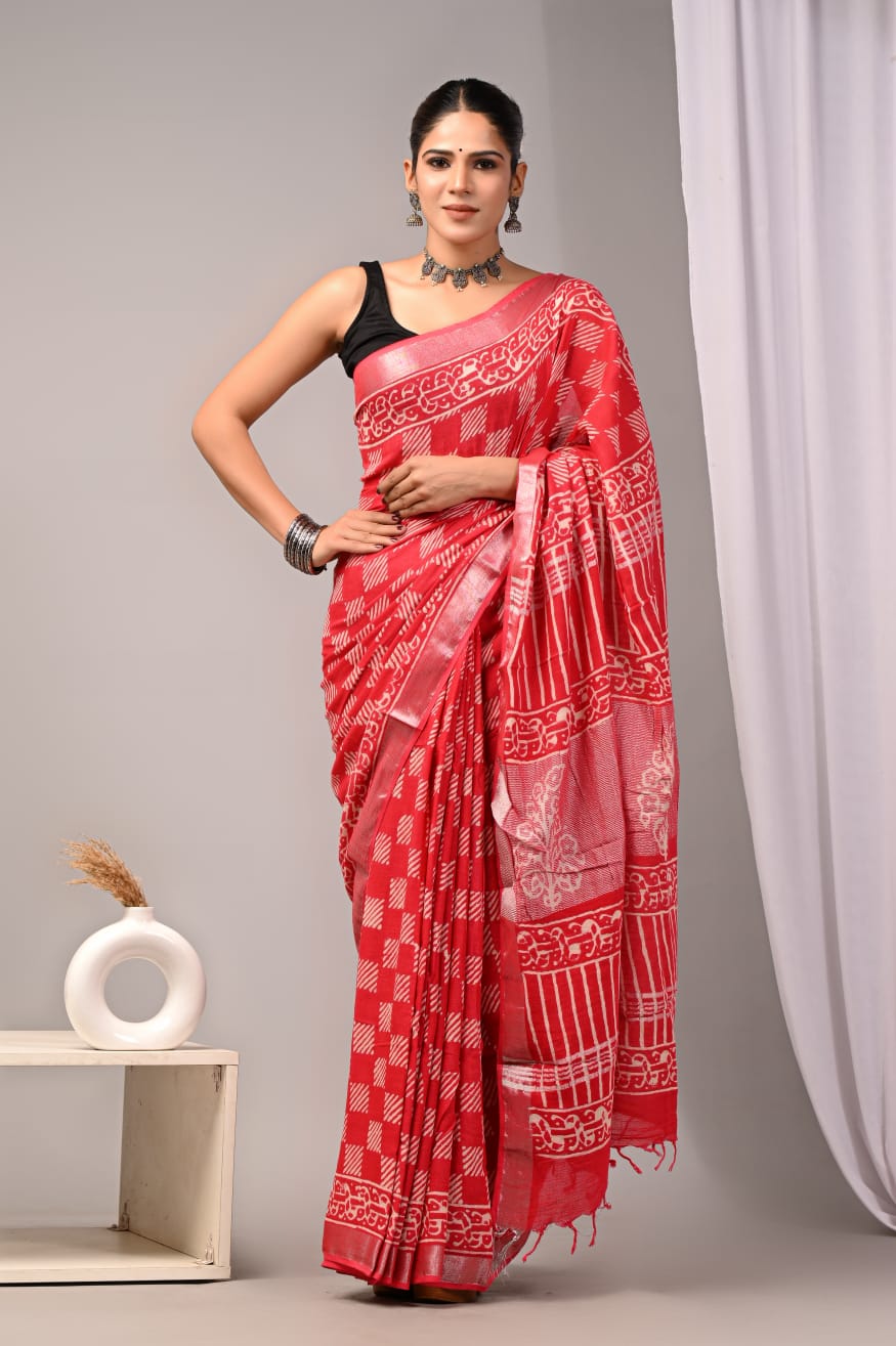 Premium Linen Saree with Silver Border & Handblock Print