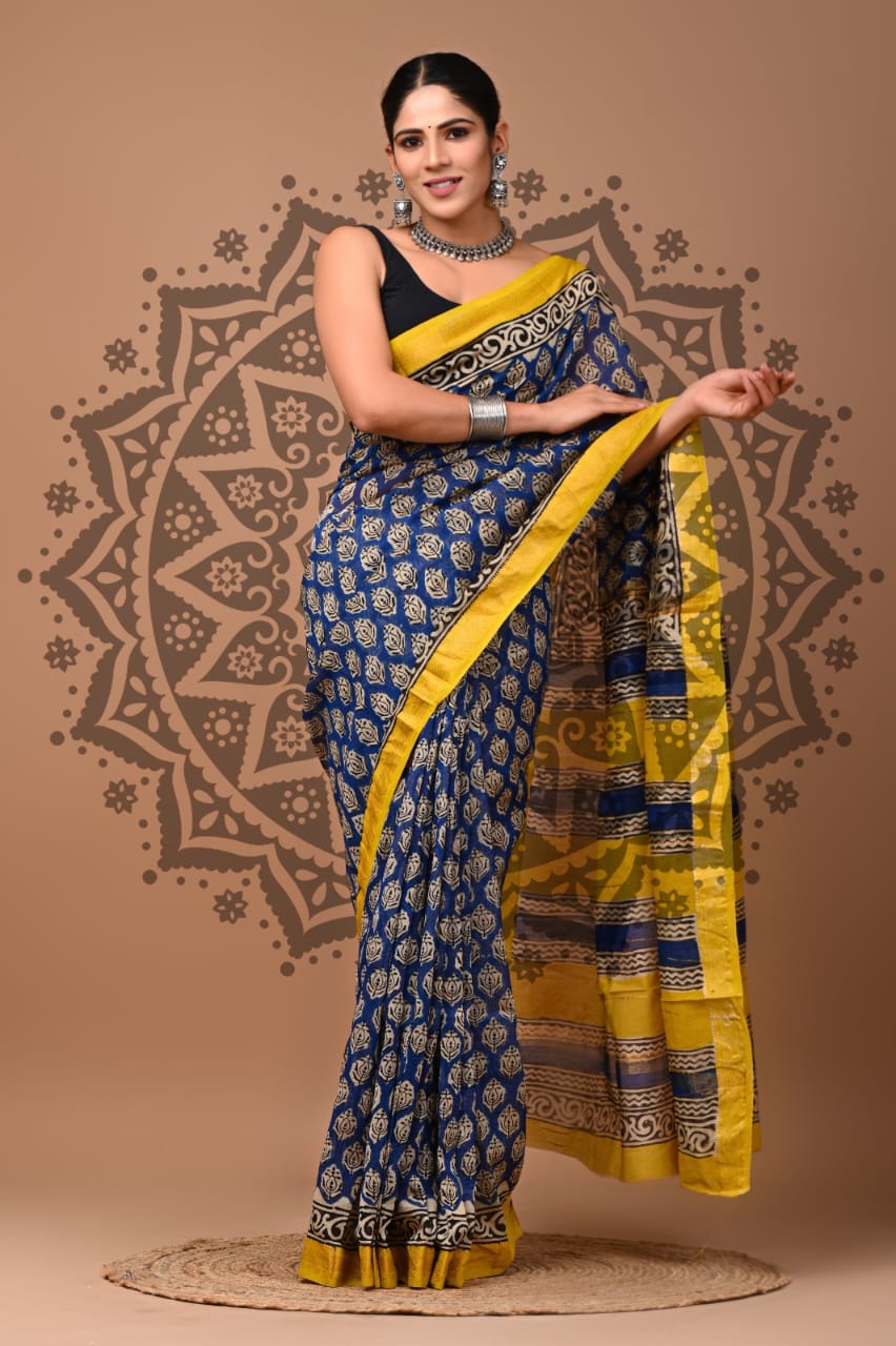 Traditional Printed Maheshwari Silk Saree with Matching Blouse