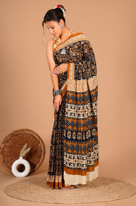 Traditional Printed Cotton Saree with Matching Blouse