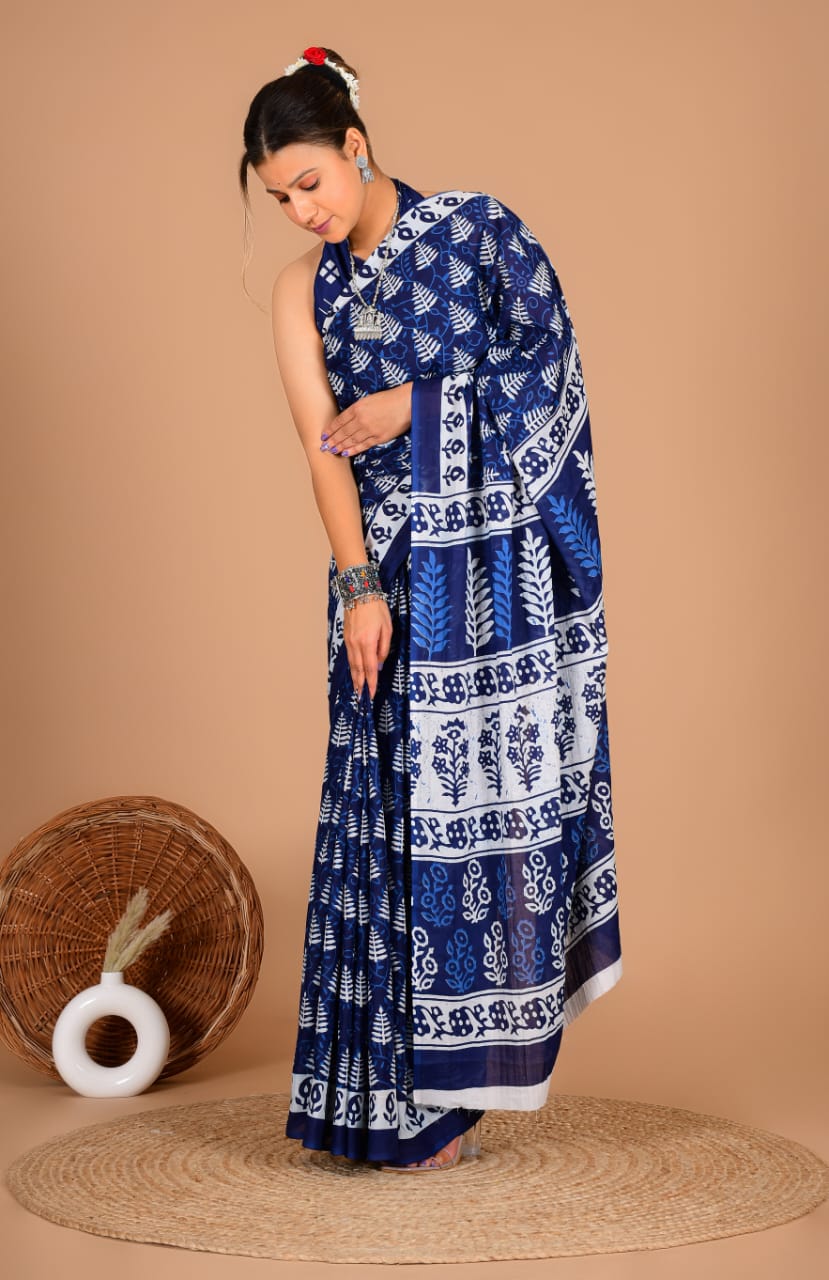 Traditional Block Print Soft Cotton Blend Saree with Matching Blouse