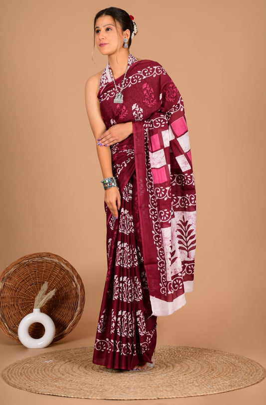 Traditional Printed Cotton Saree with Matching Blouse