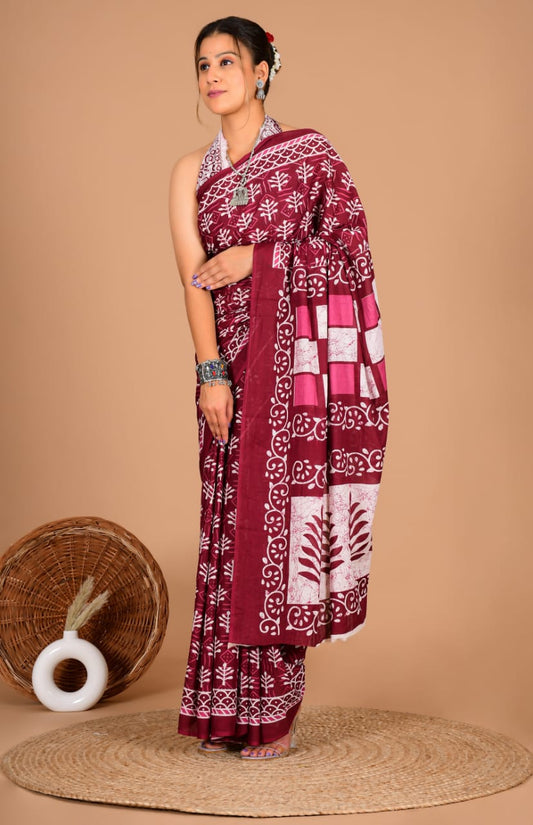 Traditional Printed Cotton Saree with Matching Blouse