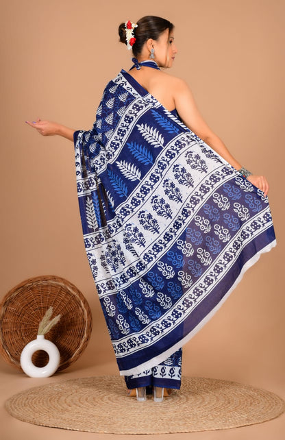 Traditional Block Print Soft Cotton Blend Saree with Matching Blouse