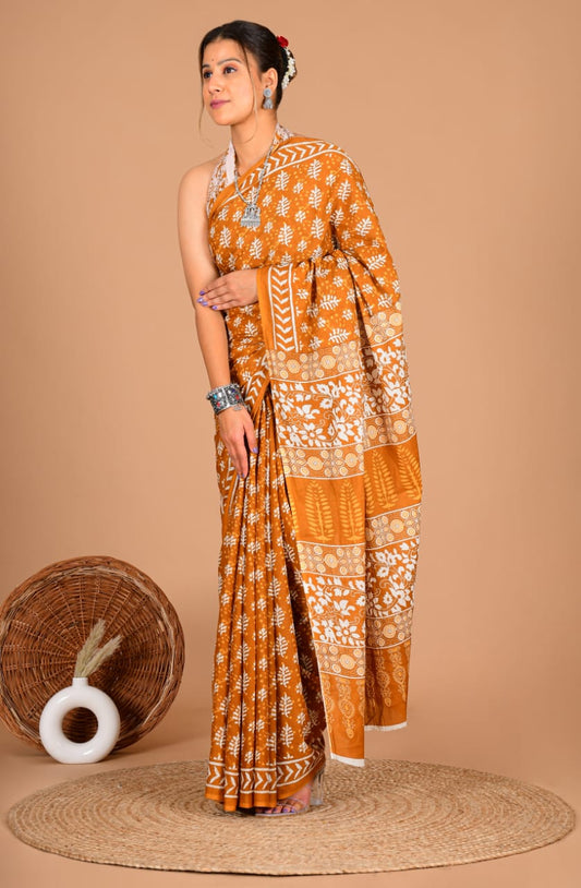 Traditional Printed Cotton Saree with Matching Blouse