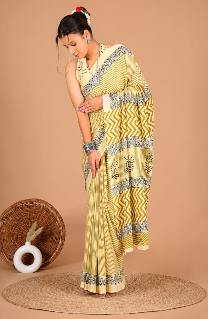 Traditional Printed Cotton Saree with Matching Blouse