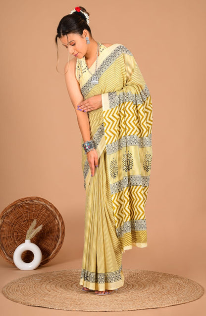 Traditional Printed Cotton Saree with Matching Blouse