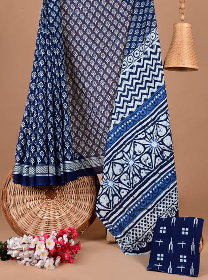 Traditional Block Print Soft Cotton Blend Saree with Matching Blouse