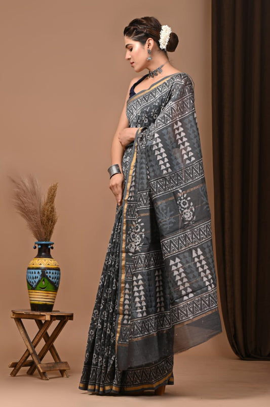 Traditional Printed Chanderi Silk Saree with Matching Blouse