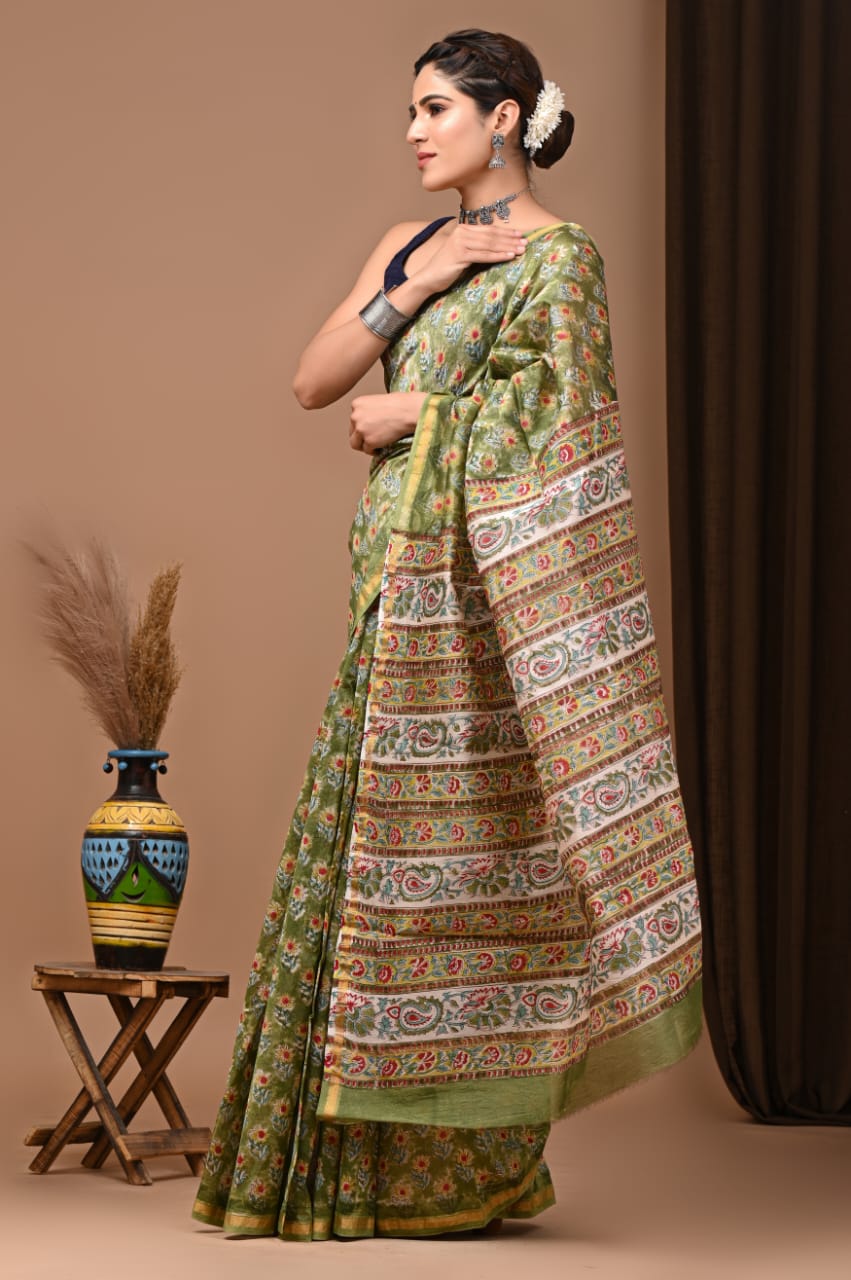 Traditional Printed Chanderi Silk Saree with Matching Blouse