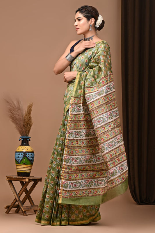 Traditional Printed Chanderi Silk Saree with Matching Blouse